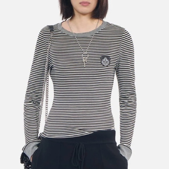NWT The Kooples LONG-SLEEVED STRIPED TEE Size 2 (M) Crest Black White Fitted - Picture 2 of 11